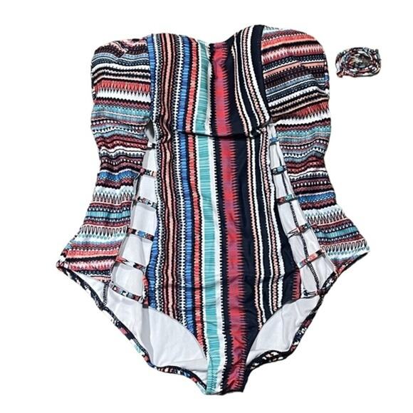 Blue Multi Color Print Cutout Swimsuit‎ Bathing Suit Removable Strap XL - Picture 5 of 9